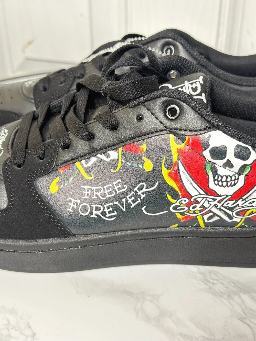Ed Hardy Free Forever Court-T Low Top Black Sneakers Y2K Tattoo Graphic 10.5 NWB